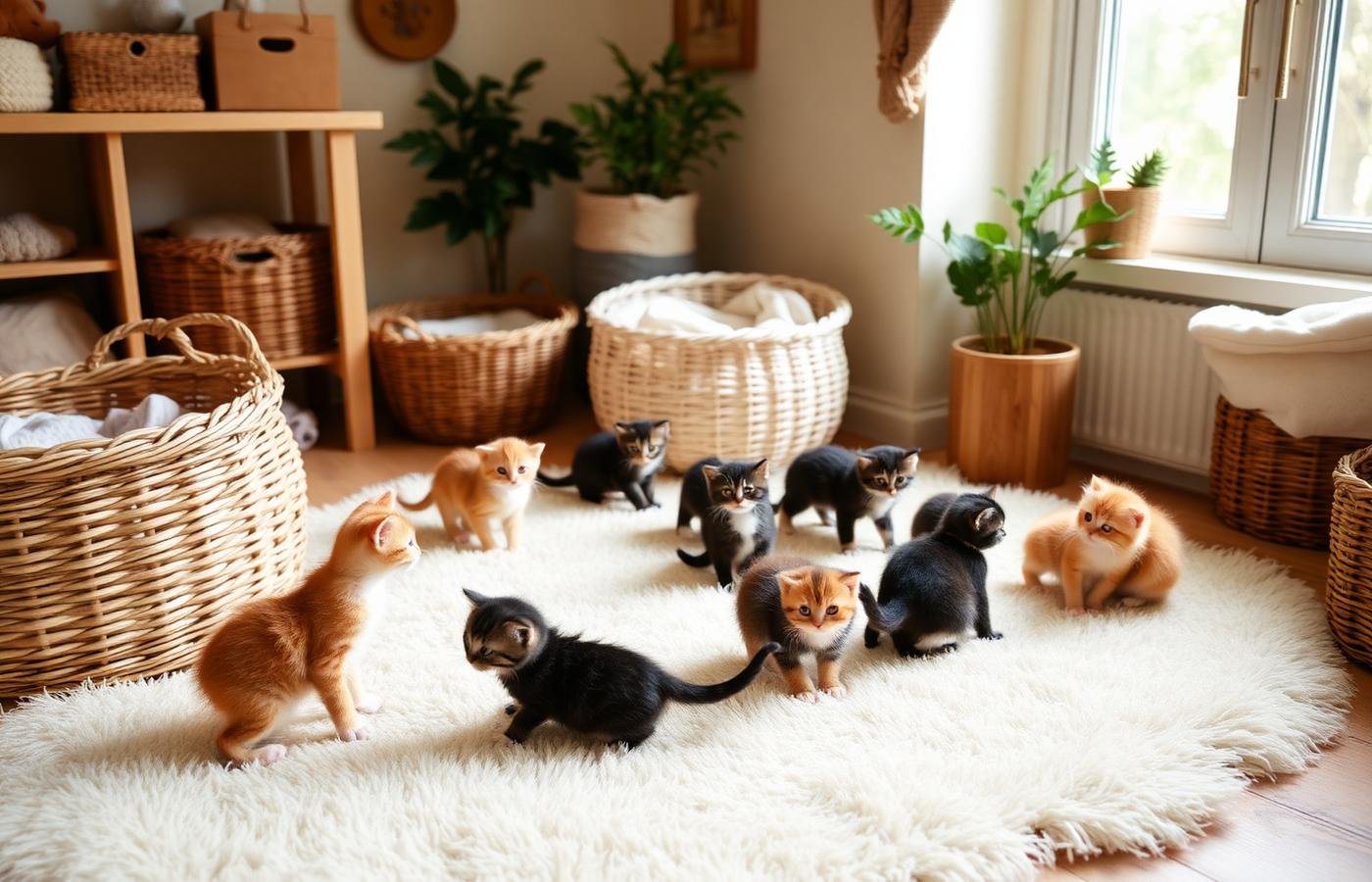 Cozy in-home Munchkin kitten nursery with multiple kittens playing on a soft cream rug