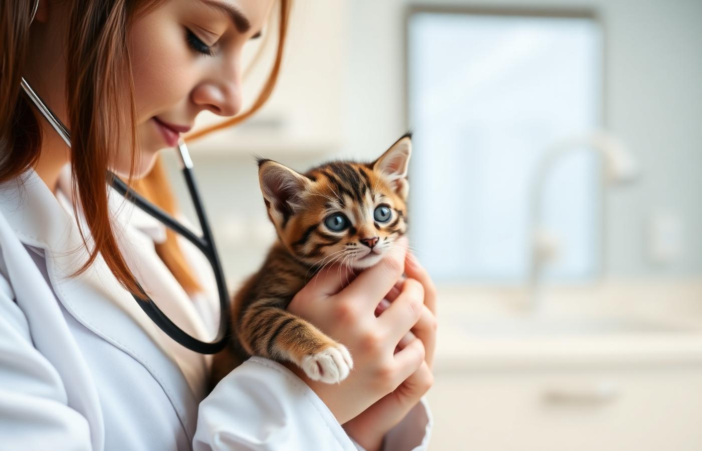 Veterinarian examining a Munchkin kitten with a stethoscope during a wellness check